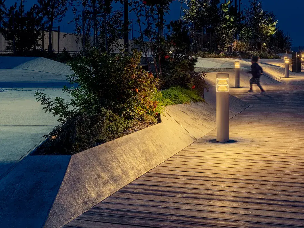 Smart outdoor lighting. Elo Bollard being used to illuminate a pathway.